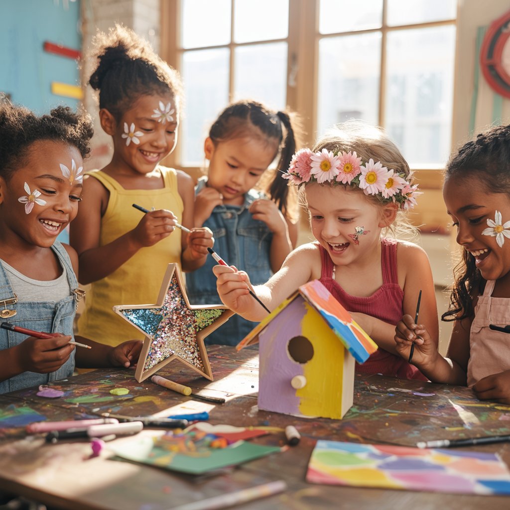 Kinder lachen, basteln, schminken