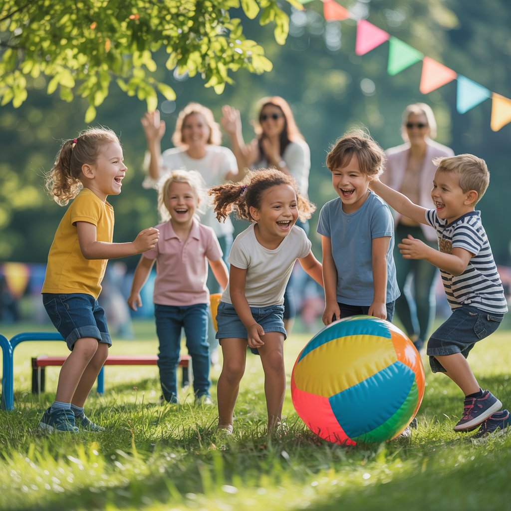 Kinder lachen und spielen mit Ball